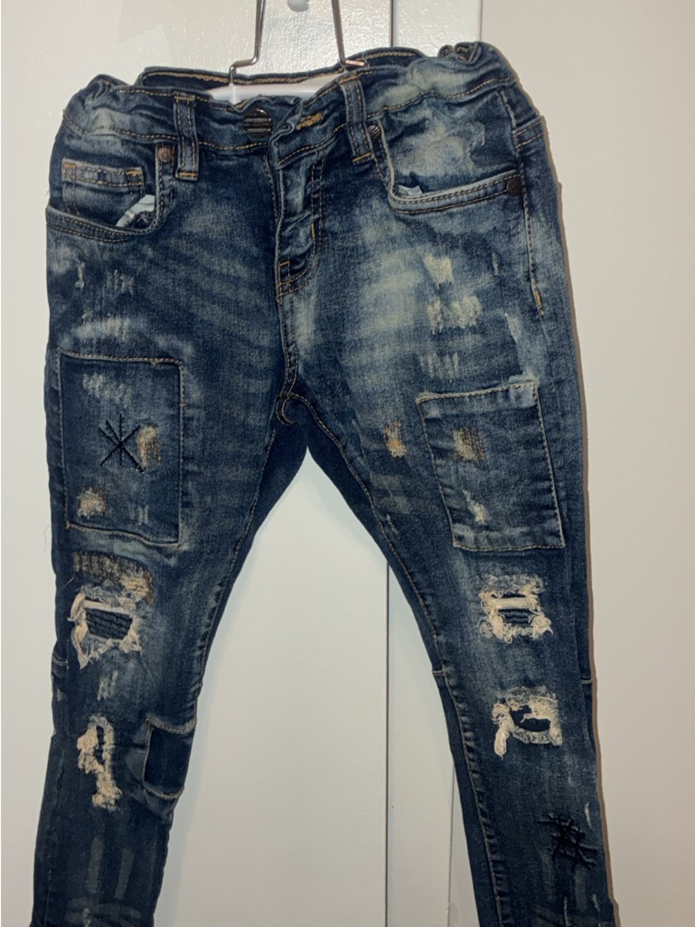 Kids Distressed Dark Blue Patch Pocket Jeans